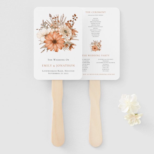 Modern Autumn Brown Cream Florals Program Hand Fan (Front and Back)