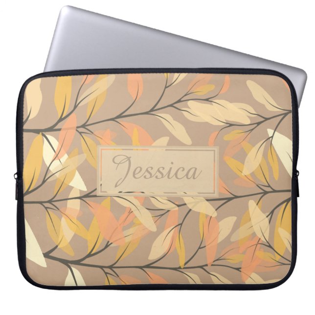 Modern Autumn Fall Leaves Pattern Personalised Laptop Sleeve (Front)