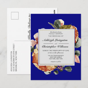 Modern Autumn Floral Blue Wedding Invitation Postcard
