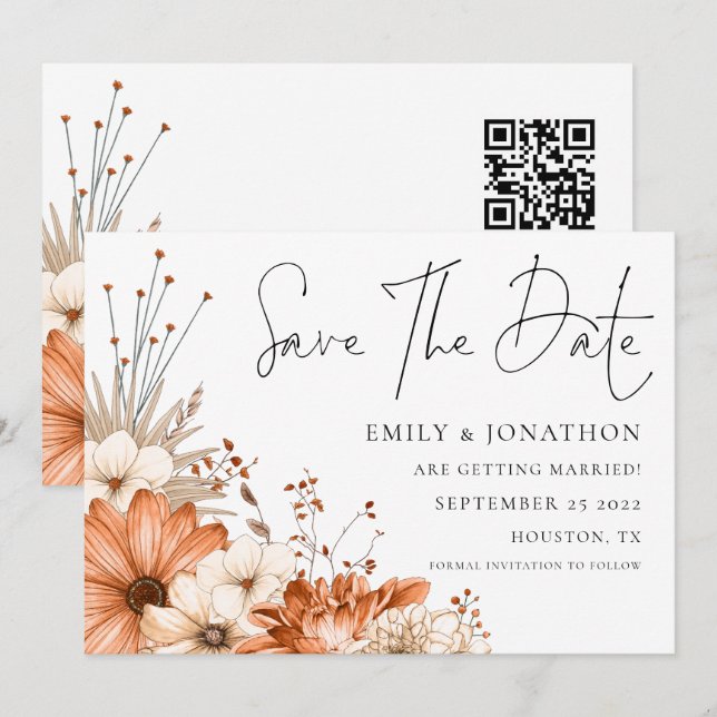 Modern Autumn Florals QR Code Wedding  Save The Date (Front/Back)