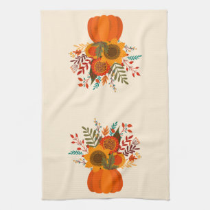 Modern Autumn Flowers in Pumpkin Kitchen Towel