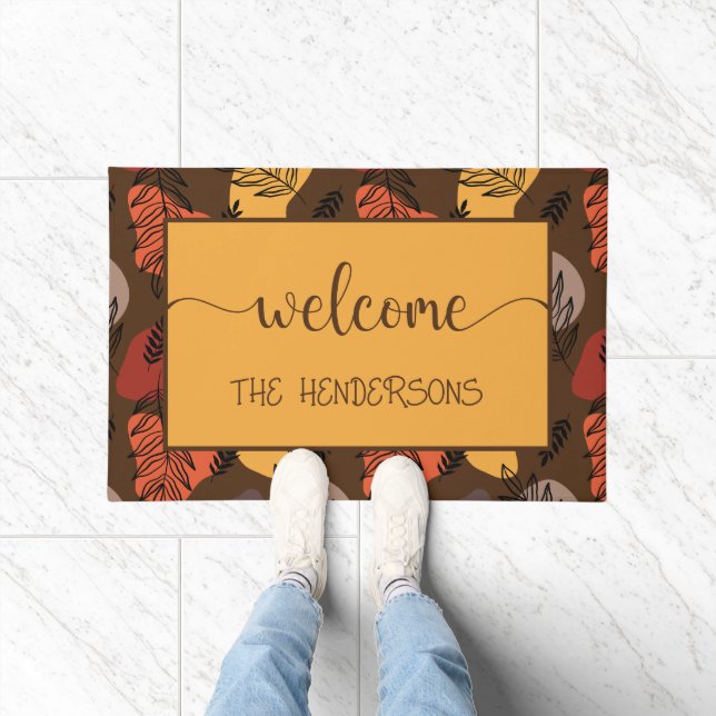 Modern Autumn Leaves Monogram Name Welcome Doormat (Indoor)