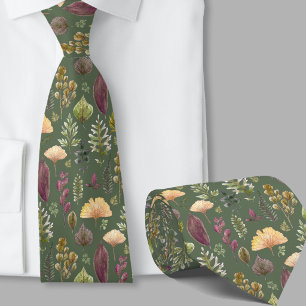 Modern autumn leaves pattern botanical green tie