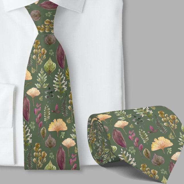 Modern autumn leaves pattern botanical green tie (Creator Uploaded)