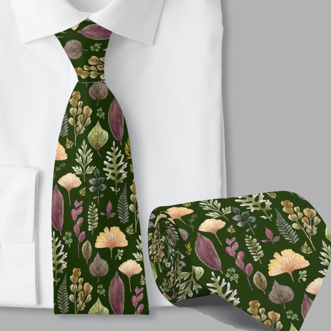 Modern autumn leaves pattern forest green tie (Creator Uploaded)