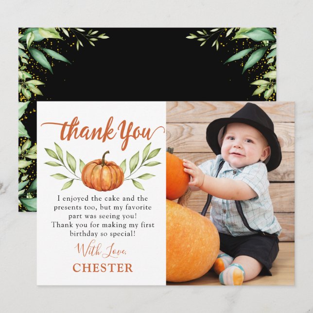 Modern Autumn Little Pumpkin Fall Birthday Photo Thank You Card (Front/Back)