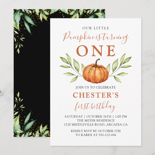 Modern Autumn Little Pumpkin First Birthday Invitation (Front/Back)