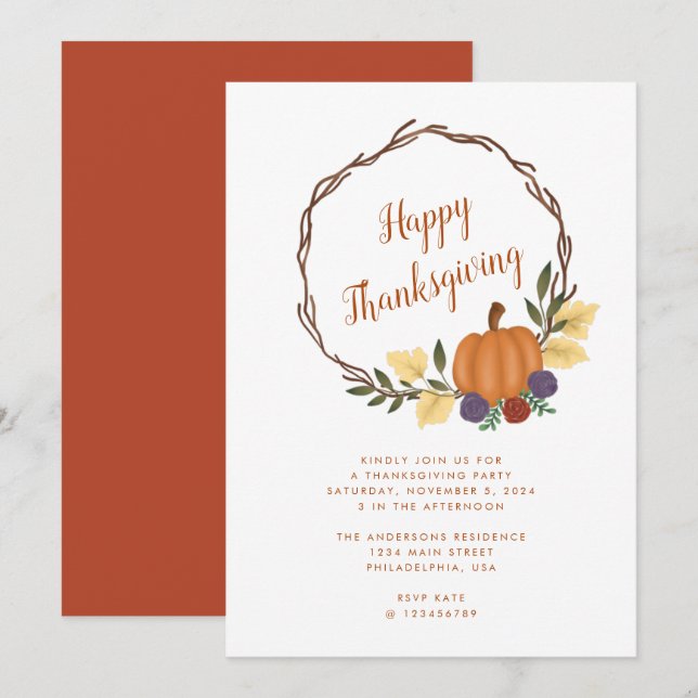 Modern Autumn Pumpkin Wreath Thanksgiving Party In Invitation (Front/Back)