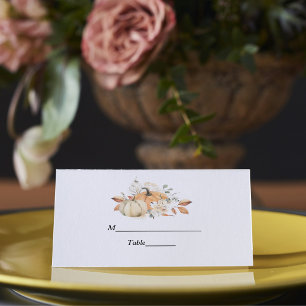 Modern Autumn Watercolor Pumpkins & Flowers Place Card
