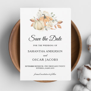 Modern Autumn Watercolor Pumpkins & Flowers Save The Date