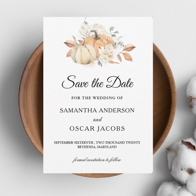 Modern Autumn Watercolor Pumpkins & Flowers  Save The Date (Creator Uploaded)