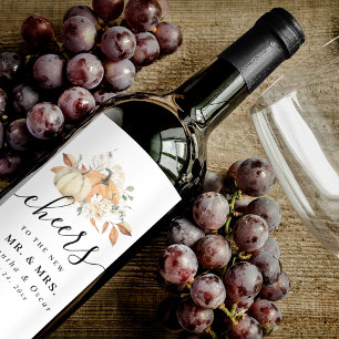 Modern Autumn Watercolor Pumpkins & Flowers Wine Label