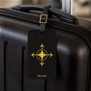 Modern Aviation Compass & Airplane,Black Custom Luggage Tag