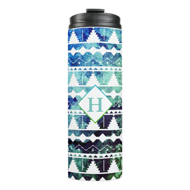 Modern Aztec Blue Green Geode with Initial Thermal Tumbler (Front)