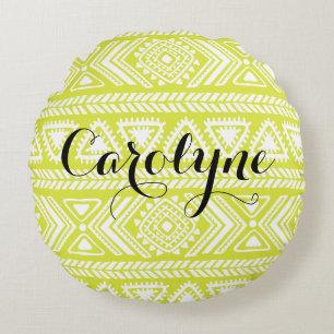 Modern Aztec Pattern Chartreuse Personalized Round Pillow