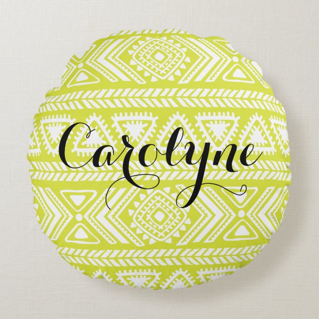 Modern Aztec Pattern | Chartreuse Personalized Round Pillow (Front)