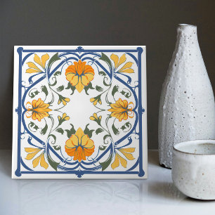 Modern Azulejo Blue Yellow Portuguese Lisbon Tile