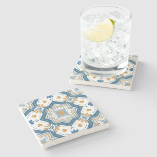 Modern Azulejo Blue Yellow Portuguese Pattern Stone Coaster