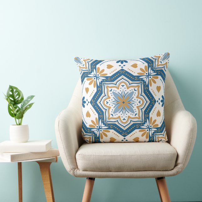 Modern Azulejo Blue Yellow Portuguese Pattern Throw Pillow (Chair)