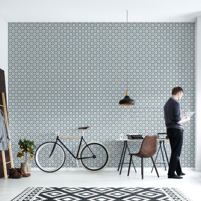 Modern Azulejo Blue Yellow Portuguese Pattern Wallpaper (Living Room)