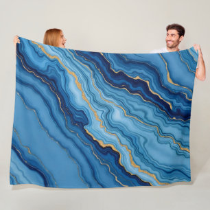 Modern Azure Blue Gold Marble Collection Fleece Blanket