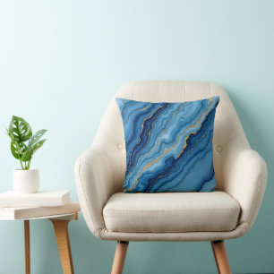 Modern Azure Blue Gold Marble Collection Throw Pillow