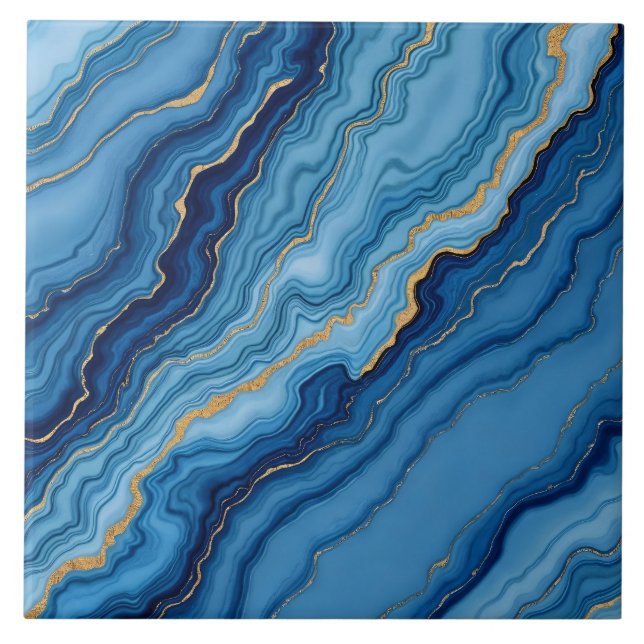 Modern Azure Blue Gold Marble Collection Tile (Front)