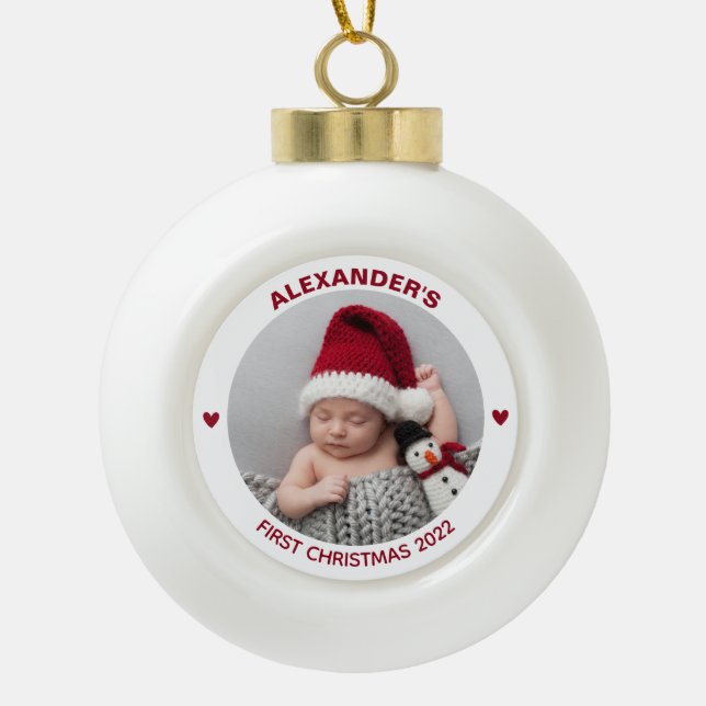 Modern Baby 1st Christmas 2023 Personalized Photo Ceramic Ball Christmas Ornament (Front)