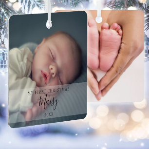 Modern Baby 2 Photo My First Christmas Metal Ornament