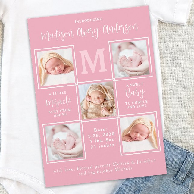 Modern Baby 5 Photo Collage Newborn Pink Birth Announcement (Creator Uploaded)