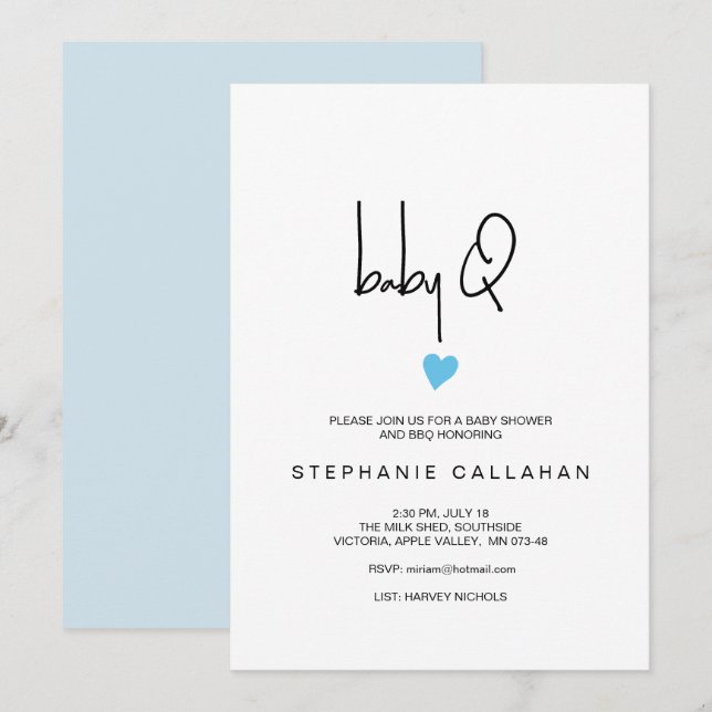 Modern Baby BBQ Shower Tiny Blue Heart  Invitation (Front/Back)