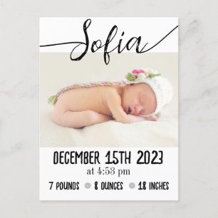 Modern Baby Birth Announcement with Photo & Stats Postcard