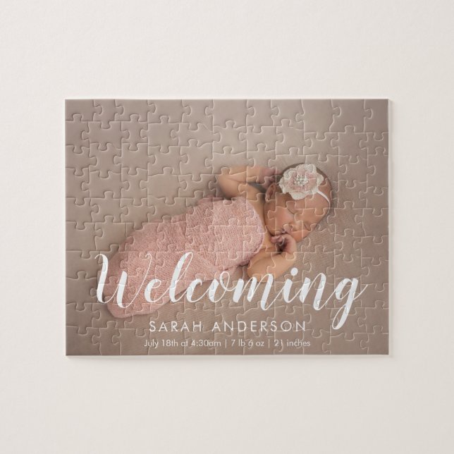 Modern Baby Birth Photo Announcement Jigsaw Puzzle (Horizontal)
