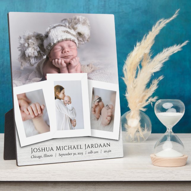 Modern Baby Birth Stats Four Photo Collage Plaque (Side)