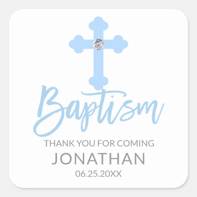 Modern Baby Blue Cross Baptism Boy Thank You Square Sticker (Front)
