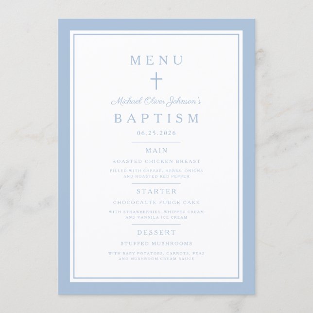 Modern Baby Blue Cross Boy Baptism Menu (Front)