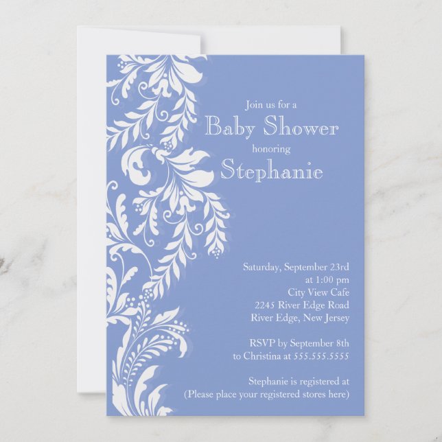 Modern Baby Blue Floral Leaf Baby Shower Invitation (Front)