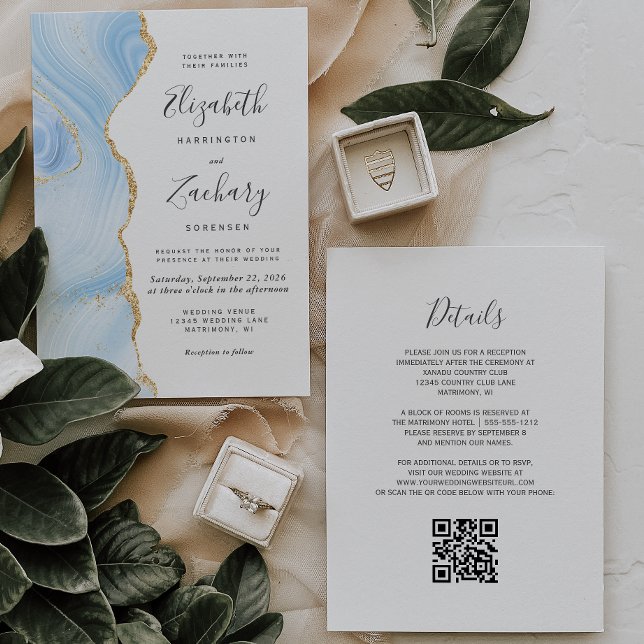 Modern Baby Blue Gold Agate QR Code Wedding Invitation (Creator Uploaded)