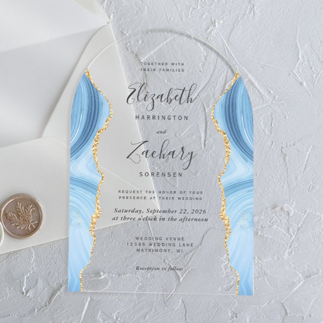 Modern Baby Blue Gold Agate Wedding Arch Acrylic Invitations (Creator Uploaded)