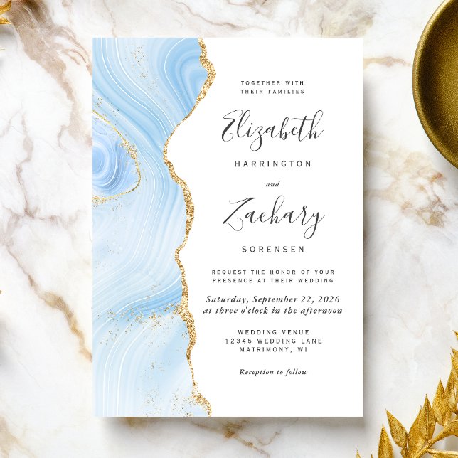 Modern Baby Blue Gold Agate Wedding Invitation (The perfect choice for a baby blue and gold themed wedding.)