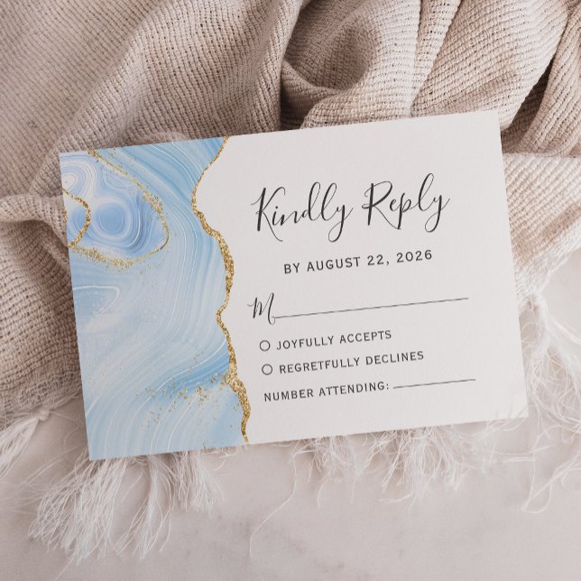 Modern Baby Blue Gold Watercolor Agate Wedding RSVP Card (Creator Uploaded)
