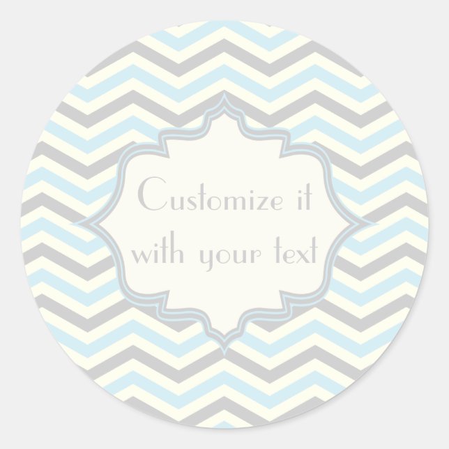 Modern baby blue, grey, ivory chevron pattern classic round sticker (Front)