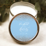 Modern Baby Blue Silver Glitter Edge Wedding Classic Round Sticker<br><div class="desc">This elegant modern wedding sticker features a faux silver glitter design on the top and bottom edge. Easily customize the white text on a pastel baby blue background,  with the names of the bride and groom in handwriting calligraphy over a large ampersand.</div>