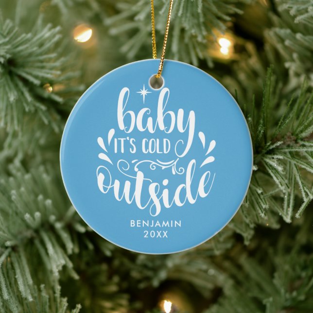 Modern Baby Boy Baby's First Christmas Photo Ceramic Ornament (Tree)