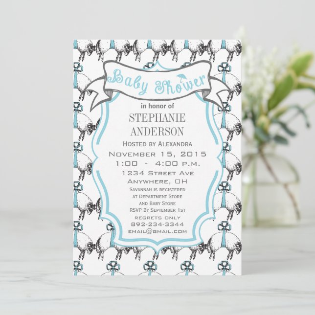 Modern Baby Boy Cute Lamb Pattern Shower Invitation (Standing Front)