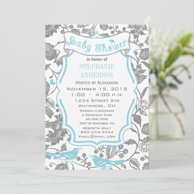 Modern Baby Boy Cute Love Bird Pattern Shower Invitation (Standing Front)