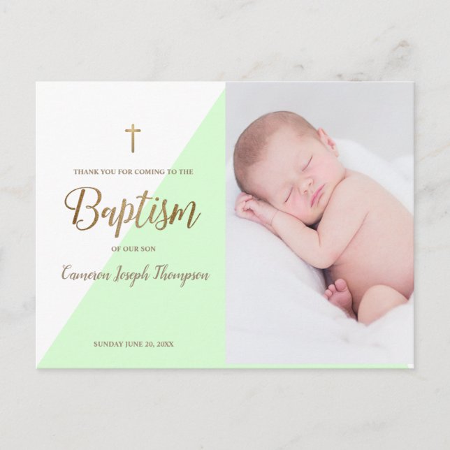 Modern Baby Boy Green Photo Baptism Thank You Postcard (Front)