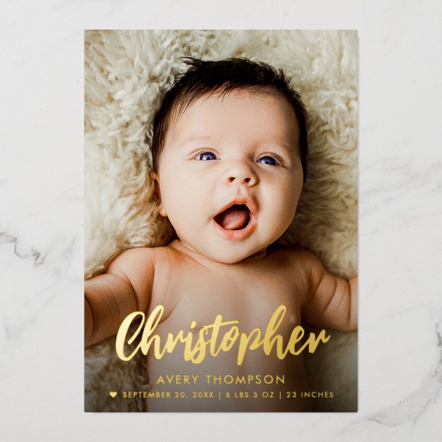 Modern Baby Boy Name script custom photo birth  Foil Holiday Card (Front)