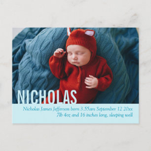 Modern baby boy photo announcement postcard
