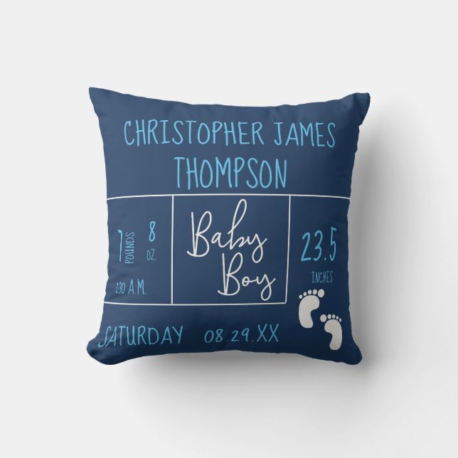 Modern Baby Boy photo Dark Blue Birth Announcement Throw Pillow (Front)